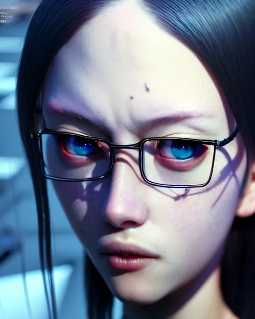 Image similar to really cool complex closeup portrait of a beautiful psychotic nerd girl covered in metal wire, by katsuhiro otomo, yoshitaka amano, nico tanigawa, artgerm, greg rutkowski makoto shinkai takashi takeuchi rendered with intense 3 d effect, smooth soft shadowing, cinematic lighting, hyperrealistic unreal engine 5 render uhd 8 k