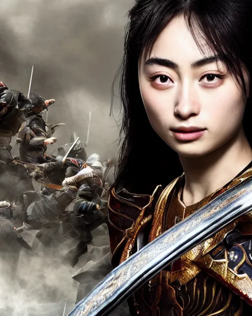 Image similar to suzu hirose as chinese warrior princess at the battle of helms deep, background: battle scene, clear makeup, clean hair, dry skin, clear skin, airbrushed, bright eye makeup, warrior body, photo by mario testino, 8k octane render, cinematic, hyper detailed, micro details, insanely detailed, trending on artstation, concept art