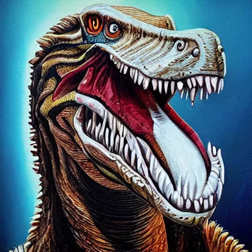 Prompt: portrait painting of velociraptor Jesus by Chevrier Sandra, hyperdetailed