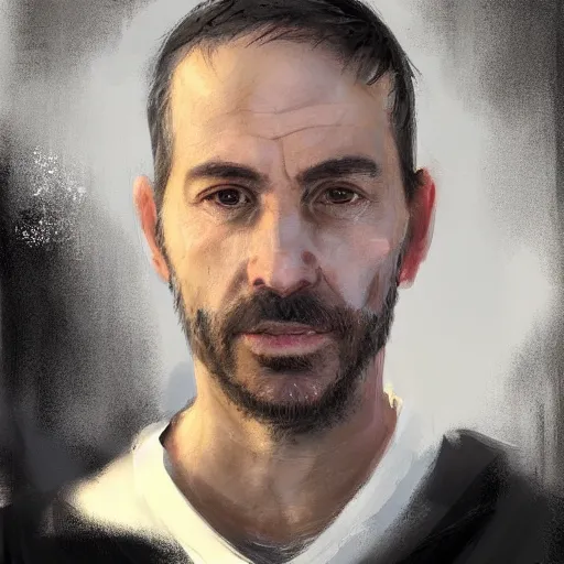 Image similar to Portrait of a man by Greg Rutkowski, he is about 40 years old, short black hair with bangs, his features are a mix between French, Turkish and Russian, dad vibes, he is wearing a white and black utility jumpsuit, highly detailed portrait, digital painting, artstation, concept art, smooth, sharp foccus ilustration, Artstation HQ.