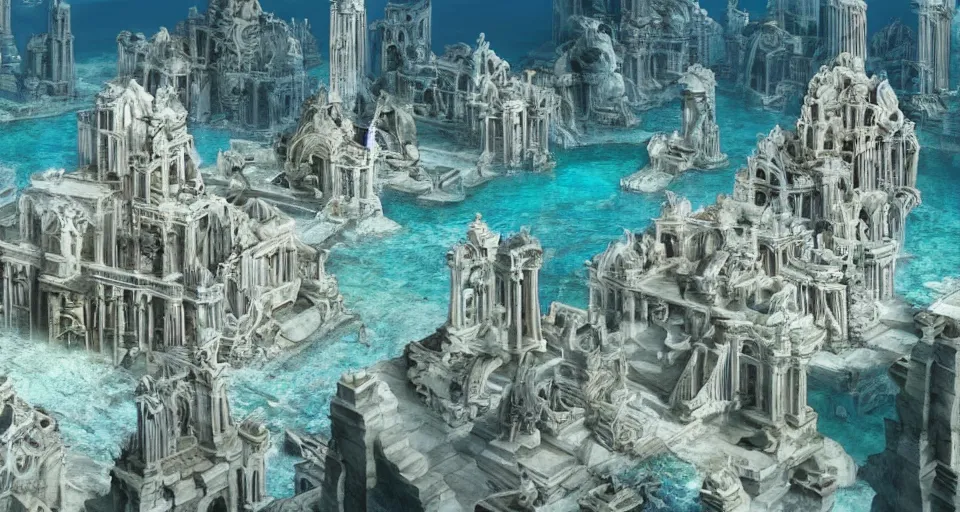 Prompt: a magnificent underwater view of the huge lost city of Atlantis, white marble, fully built buildings, temples, hyper detailed, 4K