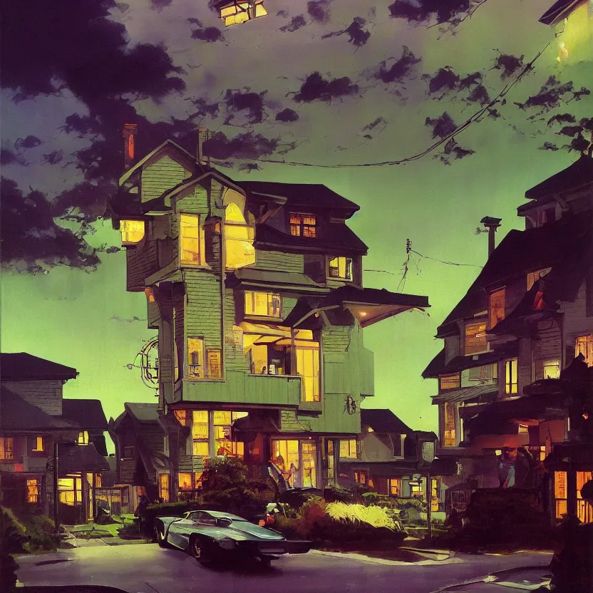 Image similar to a suburban neighborhood with deep green and purple glowing clouds. highly detailed science fiction painting by norman rockwell, frank frazetta, and syd mead. rich colors, high contrast, gloomy atmosphere, dark background. trending on artstation.