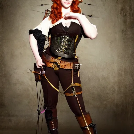 Image similar to full body photo of christina hendricks as a steampunk archer