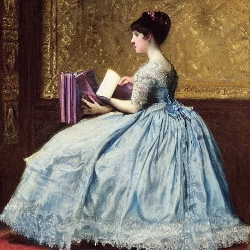 Image similar to young victorian lady in ball gown reading a book, painted by alfred stevens