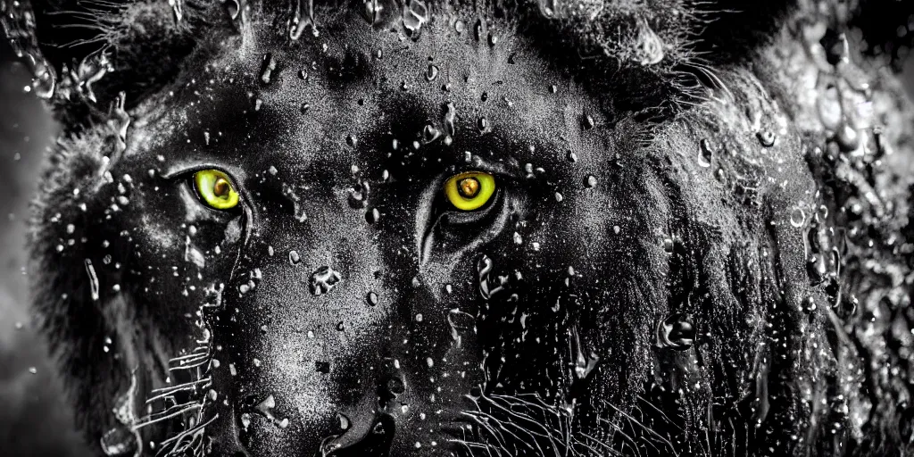 Image similar to the black lioness made of ferrofluid, in the zoo exhibit, viscous, sticky, full of black goo, covered with black goo, splattered black goo, dripping black goo, dripping goo, splattered goo, sticky black goo. photography, dslr, reflections, black goo, zoo, exhibit