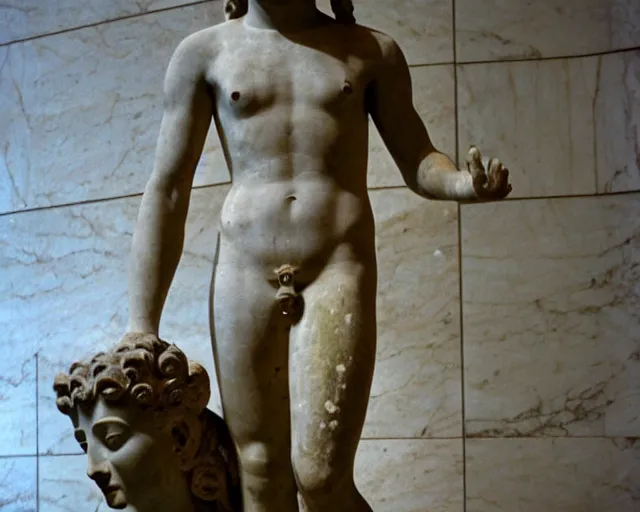 Prompt: deloreain ancient statue in louvre, circa 1 9 8 4