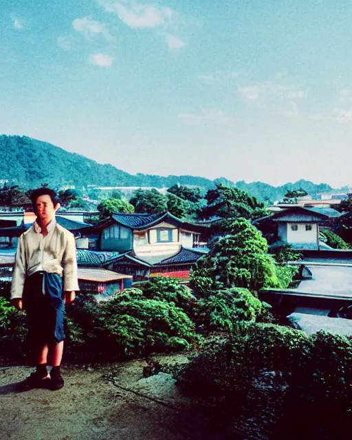 Image similar to a lomographic photo of old pacific rim ( 2 0 1 3 ) jaeger, standing in typical japanese yard in small town, hikone on background, cinestill, bokeh