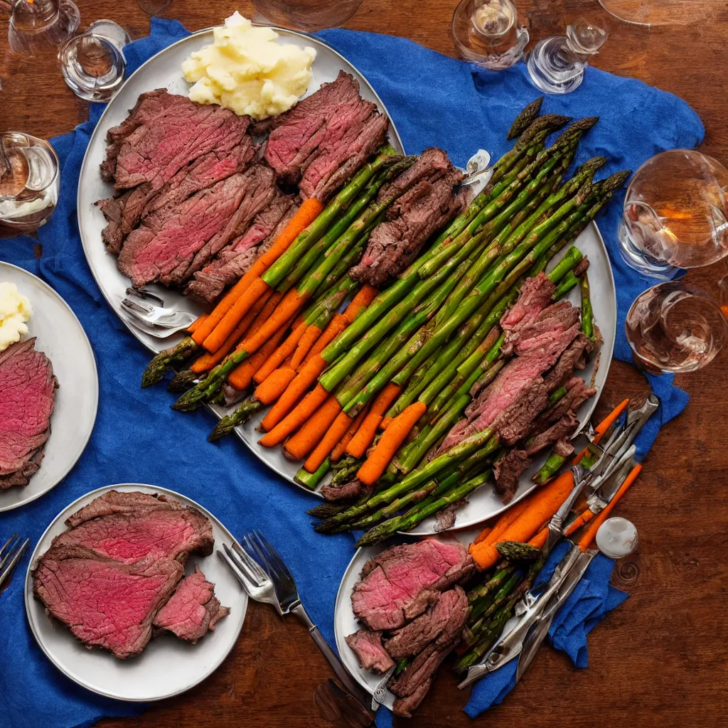 Image similar to macro chest - level shot of a single plate with prime rib, asparagus, mashed potatoes and gravy, and steamed carrots with blue table cloth and lit candles in ornate silver candlesticks, ultra - realistic, photo realism, professional photograph, extreme detail, deep focus, laser sharp, volumetric lighting, atmospheric, luxury, elite