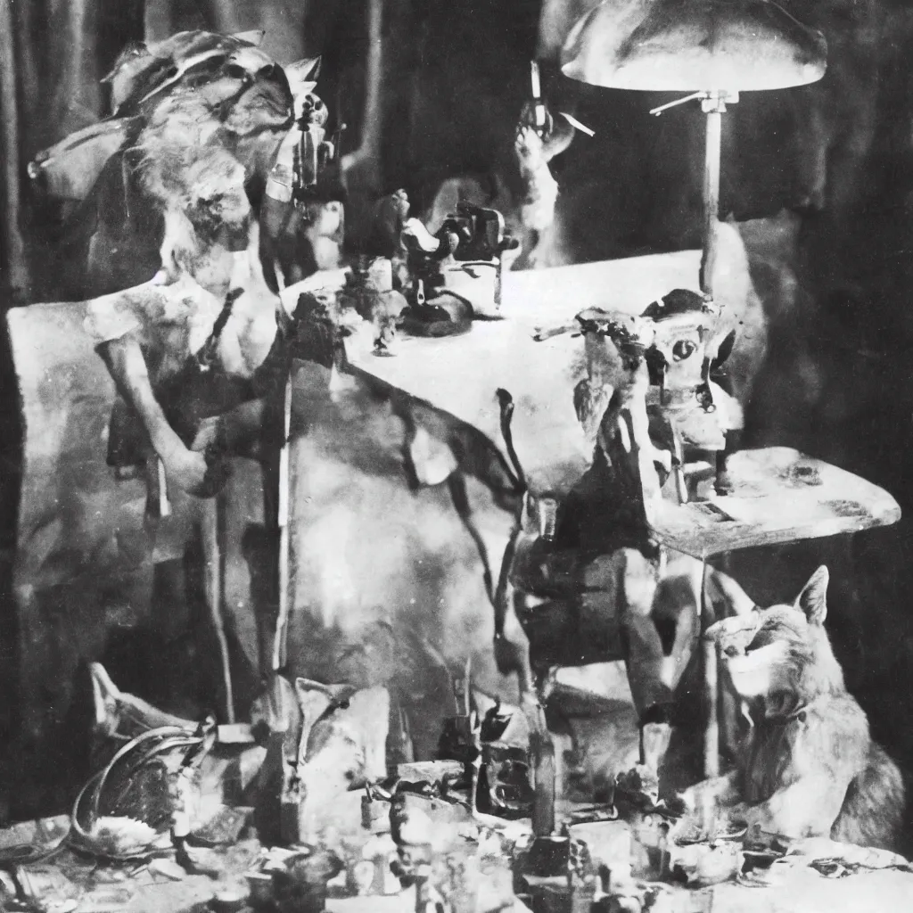 Image similar to An anthropomorphic fox man with bloodshot eyes hiding behind a table, 1930s film scene