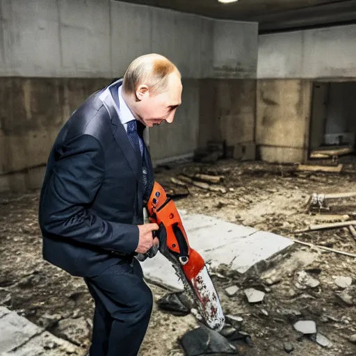 Image similar to putin with a chainsaw. in a concrete bunker with a pile of corpses. focus on putins face with blood splatters. canon eos r 3, f / 1. 4, iso 1 6 0 0, 1 / 8 0 s, 8 k, raw, grainy