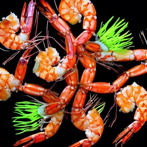 Prompt: a group of different types of shrimp on a black background, a microscopic photo by earnst haeckel, shutterstock contest winner, synchromism, bioluminescence, made of insects, made of feathers