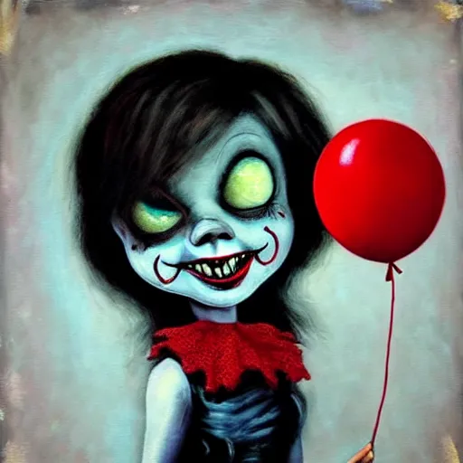 Prompt: grunge painting of anabelle with a wide smile and a red balloon by chris leib, loony toons style, pennywise style, corpse bride style, horror theme, detailed, elegant, intricate