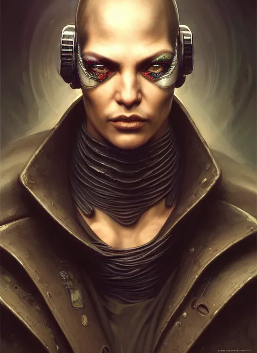 Image similar to front shot of a cyberpunk criminal character, intricate, elegant, highly detailed, centered, digital painting, artstation, concept art, smooth, sharp focus, illustration, artgerm, Tomasz Alen Kopera, Peter Mohrbacher, donato giancola, Joseph Christian Leyendecker, WLOP, Boris Vallejo, mugshot!!!!!