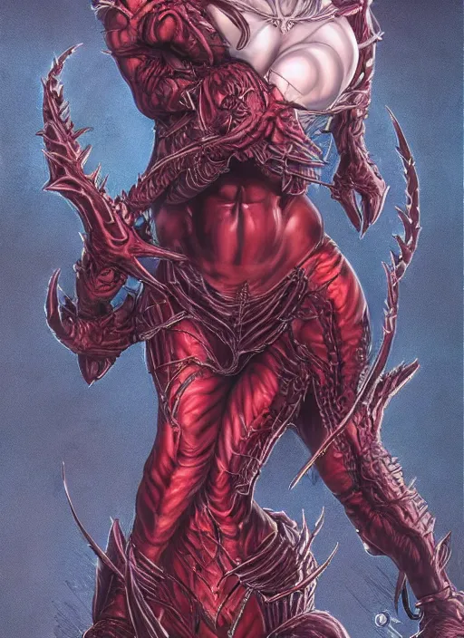 Prompt: a detailed full body portrait of a demonic female tiefling, diablo 4 lilith, mutation, by yusuke murata, by hiroya oku, trending on artstation