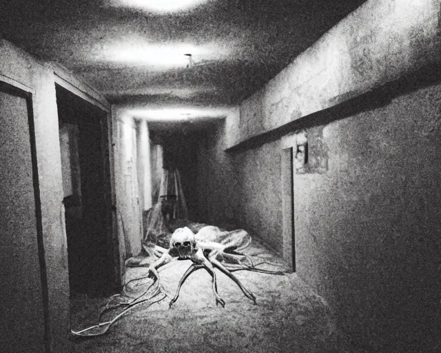 Image similar to horror demon evil transparent spirit attacks in basement interior photo shot on iphone, dynamic pose, middle body shot, sharp focus, grainy, corpse, paranormal flashlight, night, total darkness, poltergeist, aberrations,