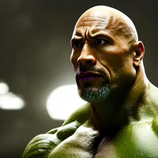 Prompt: a still portrait dwayne johnson as a bald green incredible hulk, cinematic, shallow depth of field