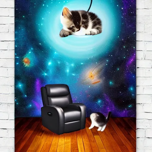 Prompt: a kitten wearing a cape floating through space surrounded by floating recliner chairs, galaxies, dramatic lighting, stars, suns, spirals