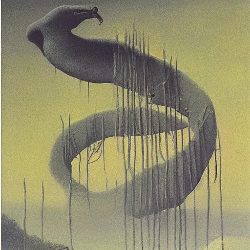 Prompt: the bird ladder by Zdzisław Beksiński