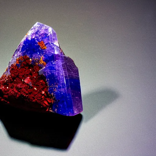 Prompt: a mineral rock, in a dark studio room. Photography of rare minerals. Tanzanite, Red Beryl, Bixbite, Red Emerald, Scarlet Emerald, Opal, Quartz, Elbaite, Calcite, Kunzite. in the style of Mike Rathke.