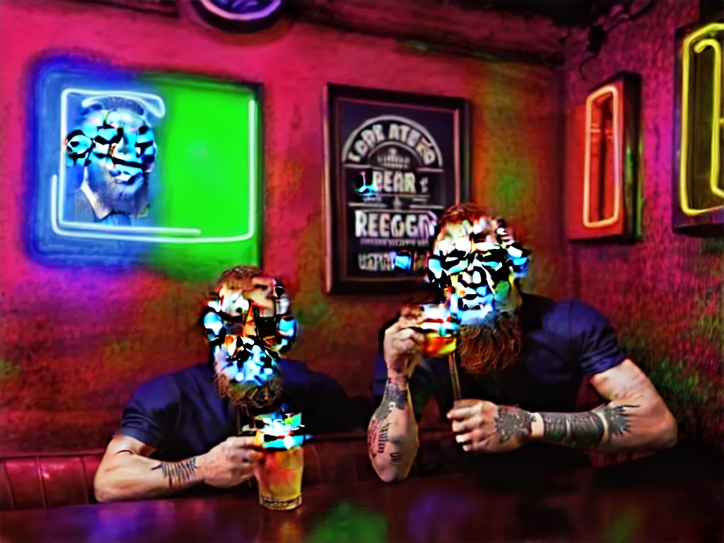 Prompt: a well framed portrait of conor mcgregor drinking a beer in an irish pub with a neon bar, laser lighting, trending on art station, in the style of the movie heat with al pacino, volumetric lighting & shadows, hyper detailed, digital art, unreal engine, 4 0 0 mm f 1. 8,