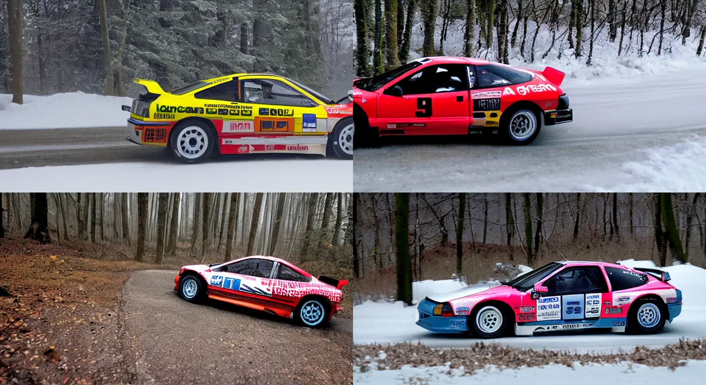 Prompt: a 1 9 9 5 mitsubishi eclipse gsx, racing through a rally stage in a snowy forest