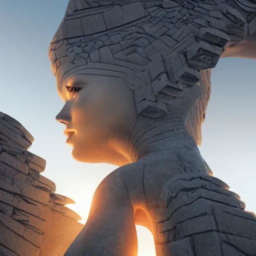 Prompt: giant carved stone woman detailed megastructure, vivid colorful Hyperrealistic CGI Photorealistic cinematic volume lighting fanart on ArtStation concept art, slutcore, ancient aliencore,