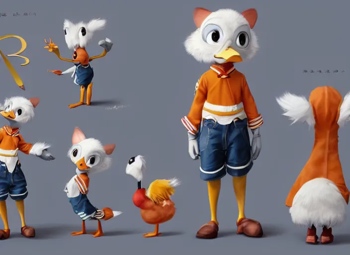 Image similar to award - winning detailed concept art of a cute iconic anthropomorphic duck character wearing a sailor suit. art by wlop, realistic. detailed feathers, art by cheng yi. artstationhd, artgerm, 3 dcg, pixar zootopia. 3 d rendering, high quality model sheet, donald. model sheet detailed