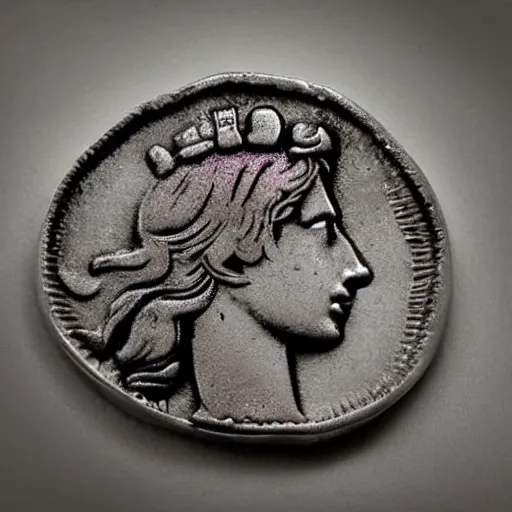 Image similar to twilight sparkle on a roman denarius coin. short muzzle, big eyes, mane