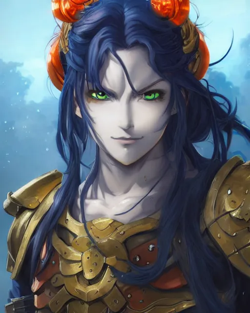 Image similar to An anime portrait of a beautiful D&D half-orc female with long wavy dark blue hair, bright orange eyes, intricate full body armour, fantasy soldier, by Stanley Artgerm Lau, WLOP, Rossdraws, James Jean, Andrei Riabovitchev, Marc Simonetti, and Sakimichan, highly detailed, ultra detailed, golden hour, trending on artstation, cgstudio