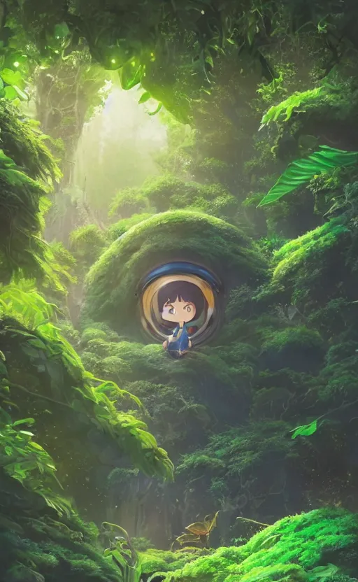 Image similar to a still of a cute adorable tiny astronaut, on a planet of lush foliage, with an enormous kaiju dragon surrounding, magical forest, sharp focus, neon backlit, highly detailed, disney pixar studio ghibli makoto shinkai, digital painting, matte, octane render, global illumination, iridescent, anime, 8 k