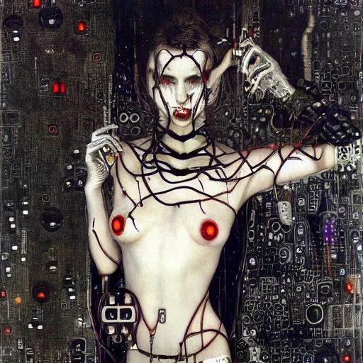 Prompt: depraved cybernetic vampire trapped in circuitry, intricate detail, miro, royo, whealan, klimt,