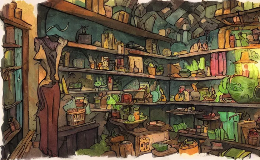 Image similar to witch's shop, storybook, gouache, flat, concept art, lush