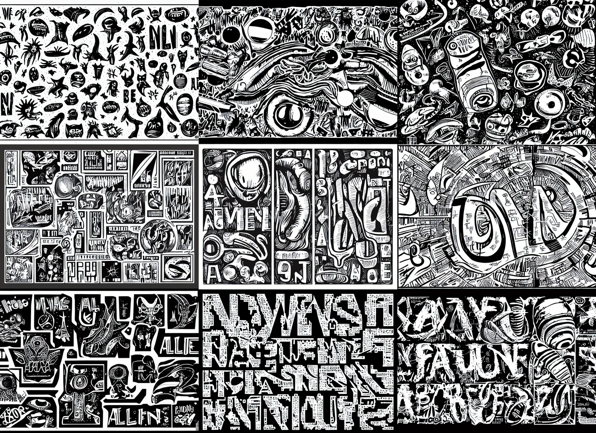 Prompt: alien writing, lettering, by bauhaus, sprite sheet, b & w, vector