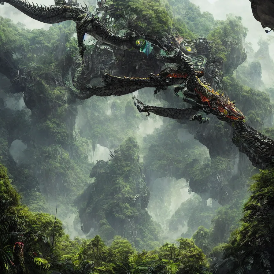 Prompt: hyperrealistic matte painting of futuristic robot quetzalcoatl, dragon, feathered dragon, flying above the jungle by eddie mendoza, beeple, 4 k, trending on cgsociety