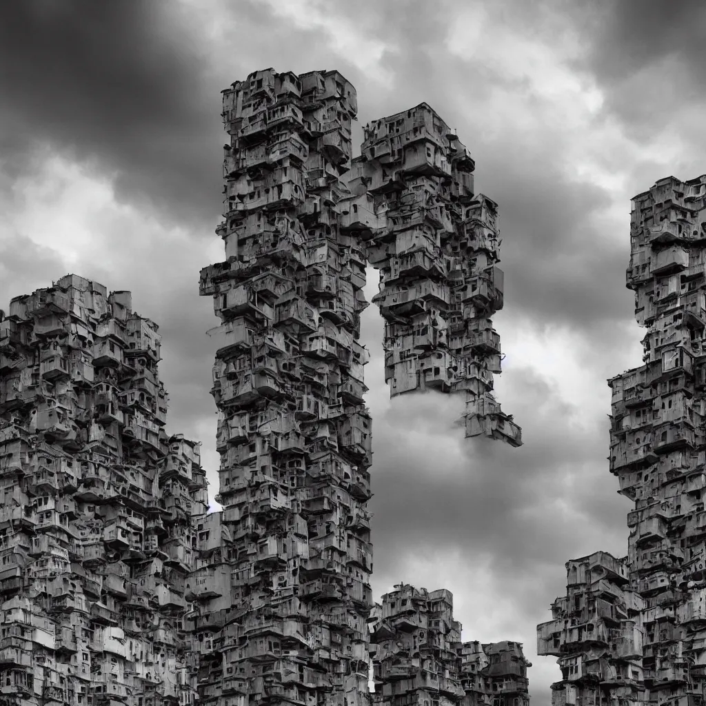 Prompt: close - up towers made up of squatter housing, bleached colours, dramatic cloudy sky, dystopia, mamiya, very detailed, ultra sharp, photographed by ansel adams