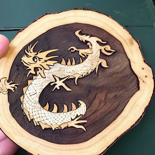 Prompt: pyrography dragon on a wooden tree slice