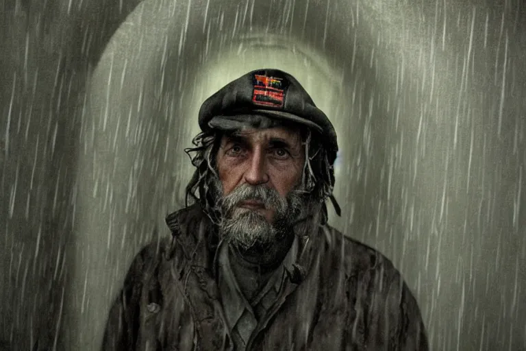 Image similar to a cinematic!! headshot photograph!! of a beautiful homeless war veteran, stood in a tunnel, rain, film still, cinematic, dramatic lighting, by bill henson