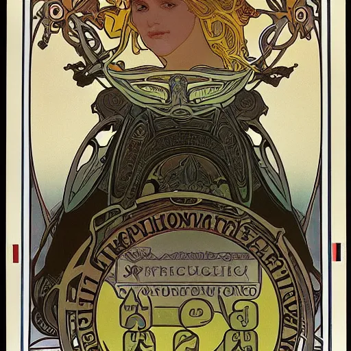 Prompt: Illustration by Alphonse Mucha of a futuristic car