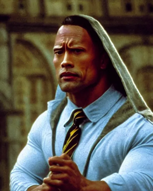 Prompt: film still close up shot of dwayne johnson as harry potter from the movie harry potter and the philosopher's stone. photographic, photography