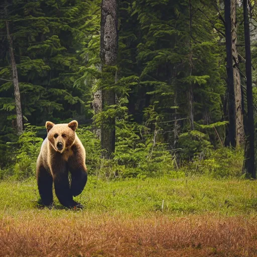 Prompt: a bear running after a person in the forest