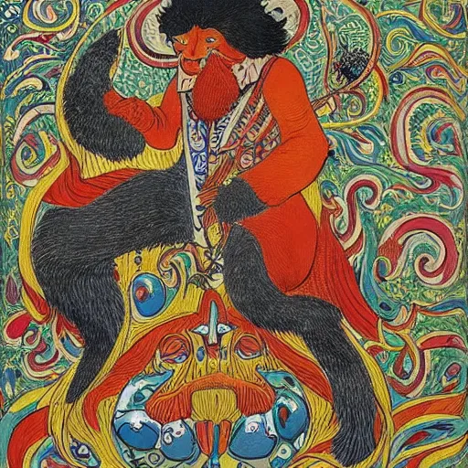 Prompt: lines by louis wain. a experimental art of a mythological scene. large, bearded man seated on a throne, surrounded by sea creatures. he has a trident in one hand & a shield in the other. behind him is a large fish. in front of him are two smaller creatures.