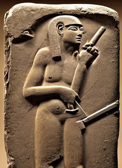 Image similar to a very worn out ancient egyptian relief of a man holding a bolt action rifle, award winning photo