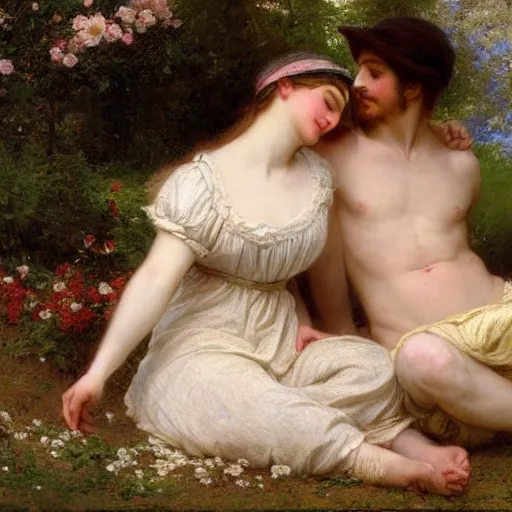 Image similar to Springtime, by Pierre-Auguste Cot, depicting two adult male lovers