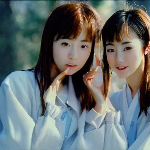 Image similar to 1990s, unbelievably beautiful, perfect, dynamic, epic, cinematic 8K HD movie shot of two semi-close-up japanese beautiful cute young J-Pop idols actresses girls, they express joy and posing together. By a Chinese movie director. Motion, VFX, Inspirational arthouse, high budget, hollywood style, at Behance, at Netflix, with Instagram filters, Photoshop, Adobe Lightroom, Adobe After Effects, taken with polaroid kodak portra