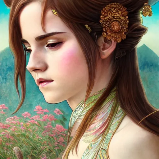 Prompt: Emma Watson as a Japanese Goddess, cute, fantasy, intricate, elegant, highly detailed, digital painting, 4k, HDR, concept art, smooth, sharp focus, illustration, art by artgerm and H R Giger and alphonse mucha