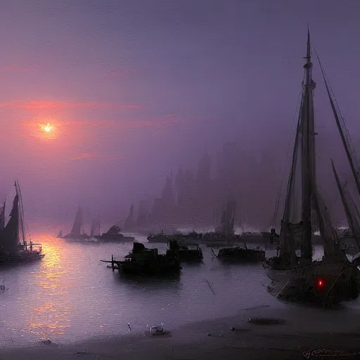 Image similar to an old harbour at dusk by greg ruthkowski and craig mullins and caspar david friedrich