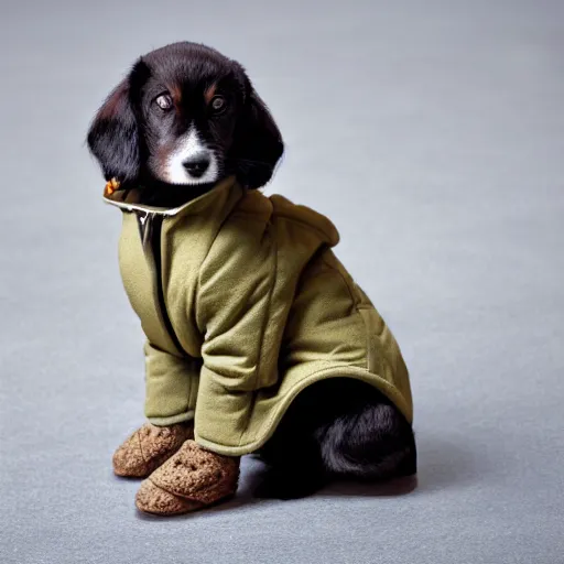 Image similar to puppy wearing a duffel coat