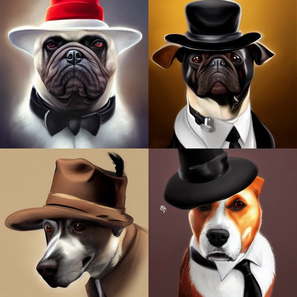 Prompt: A digital painting of a Dog with a mafia hat a Black Tie on a white Shirt, by Stanley Artgerm Lau, frank frazetta, Rossdraws, James Jean, gerald brom, Andrei Riabovitchev, Marc Simonetti, and Sakimichan, trending on artstation, SFW version