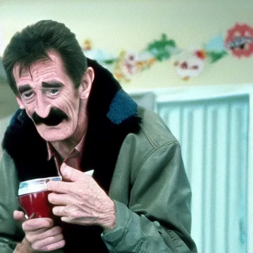 Prompt: Still shot of Barry Chuckle in the film Resevoid Dogs (1992)