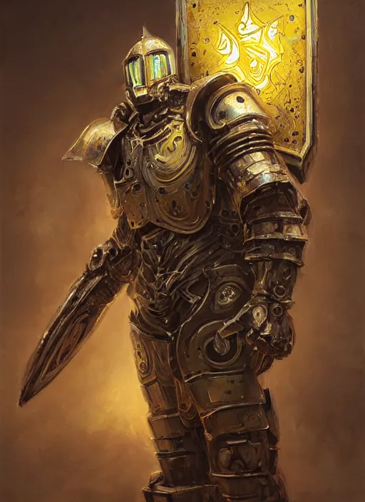 Image similar to dynamic portrait of a intricate glorious holy mechanical warforged character in yellow armor holding a paladin engraved great longsword drawn and carrying a big paladin shield, spotlight from face , epic , trending on ArtStation, masterpiece, cinematic lighting, by Greg Rutkowski and by John Salminen and by Jackson Pollock and by Marc Simonetti